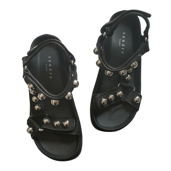 SANDRO Paris Lexy studded grosgrain woven black chunky sandals Size 36 5 5.5 NEW - Picture 7 of 7